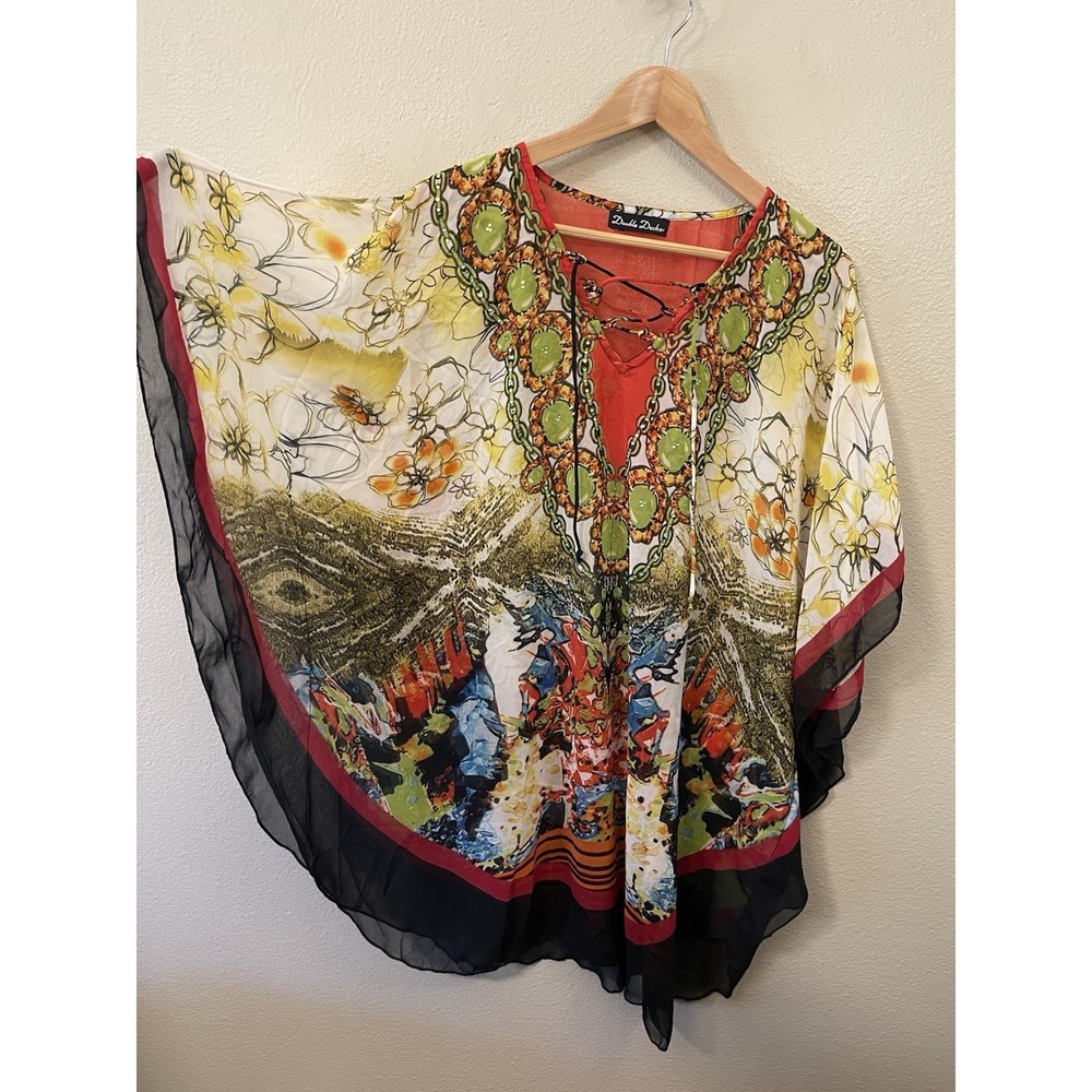 Double Decker Maximalist Art To Wear Kaftan Top Cover Up Floral Boho Vacation OS